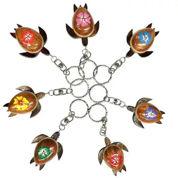 Wooden Turtle with Hibiscus Flower Key Chains