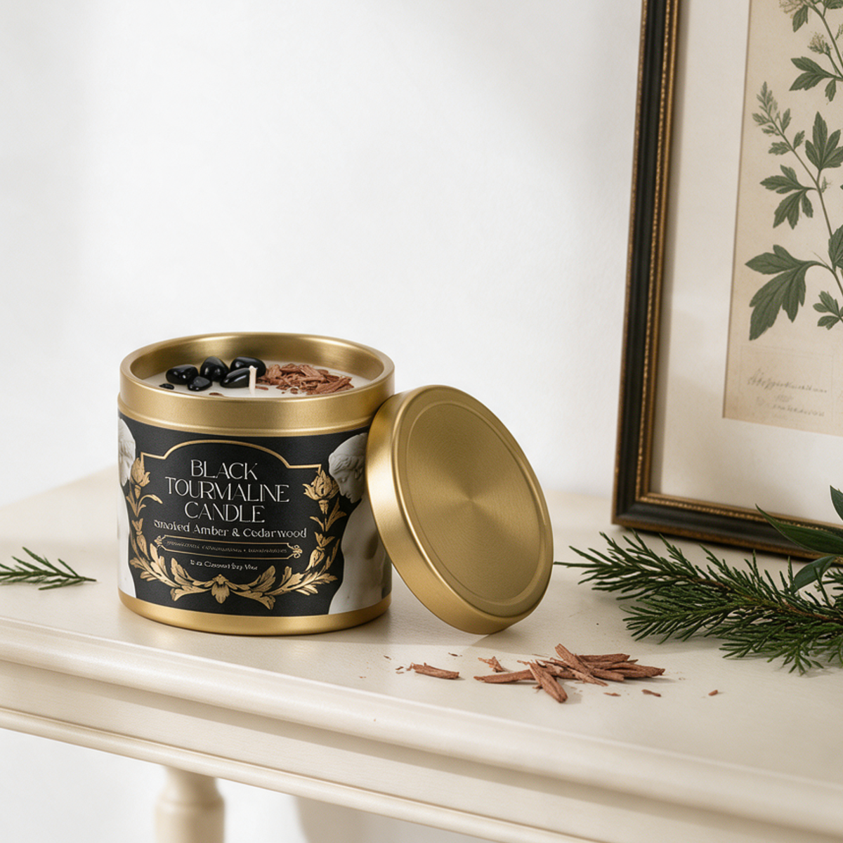 Black Tourmaline Gemstone Candle – Smoked Amber & Cedarwood | 8 oz
