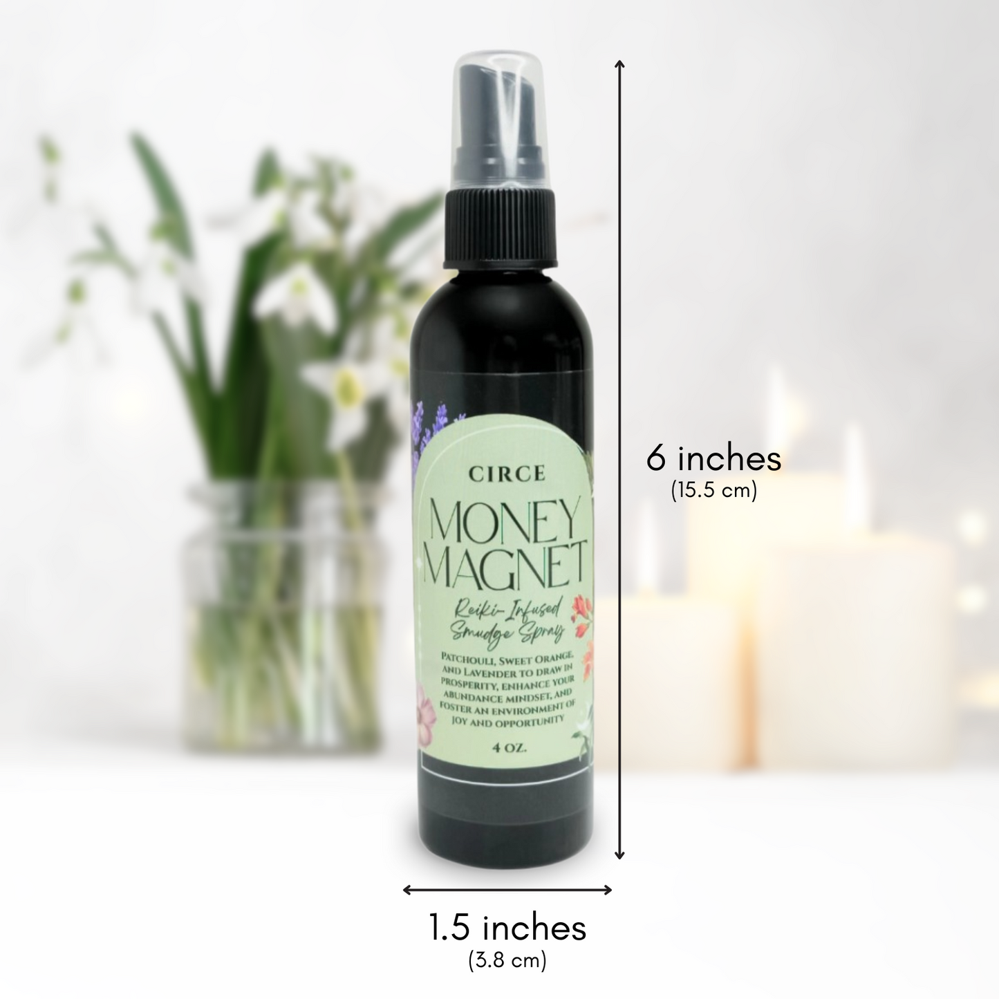 Money Magnet Smudge Spray with product measurements.