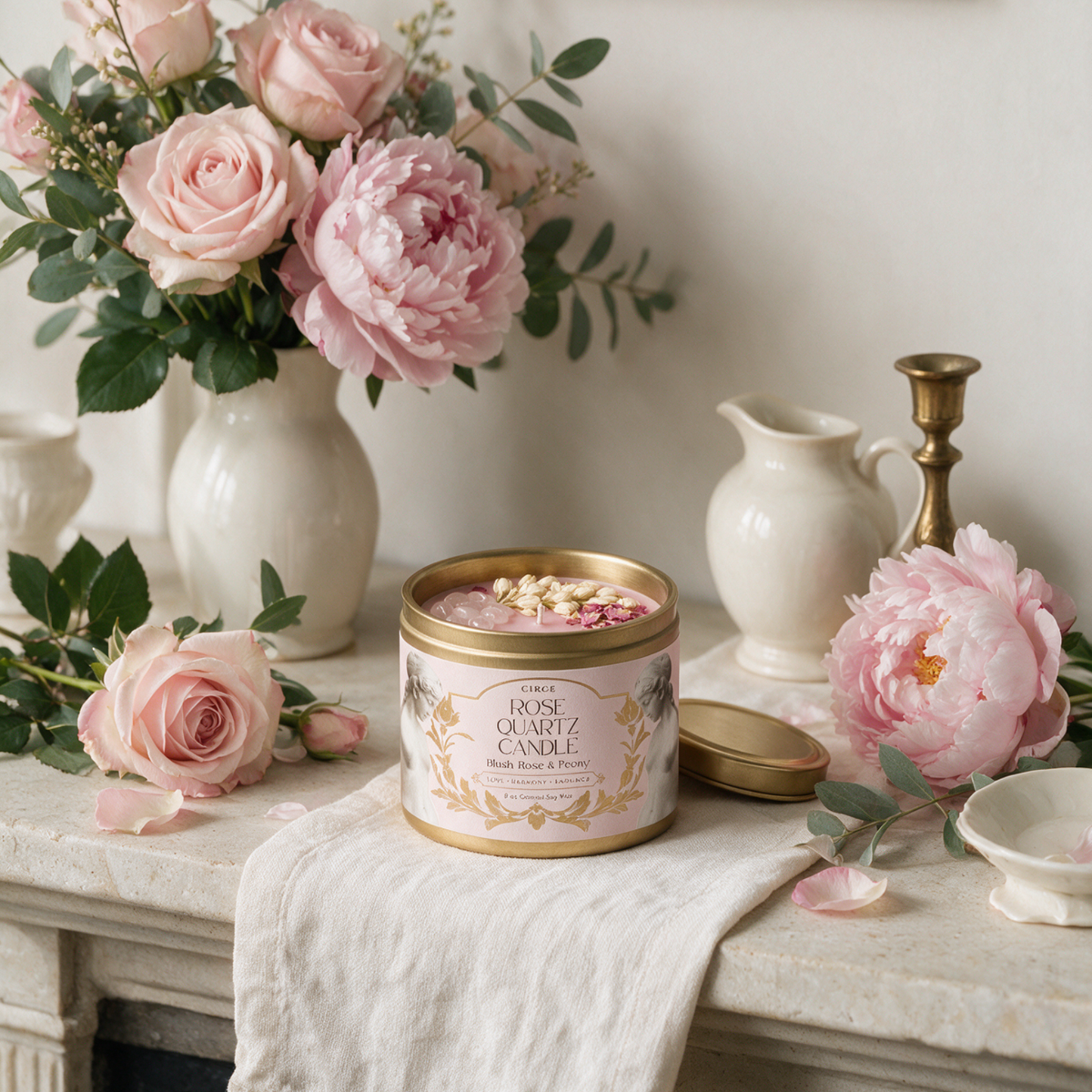 Rose Quartz Gemstone Candle – Blush Rose & Peony | 8 oz