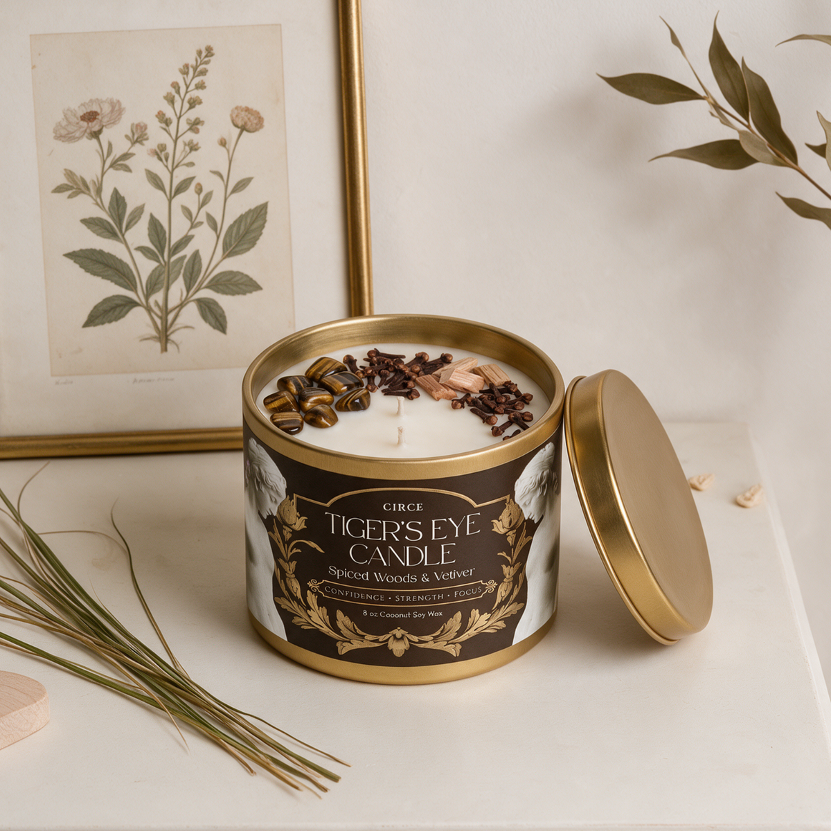 Tiger’s Eye Gemstone Candle – Spiced Woods & Vetiver | 8 oz