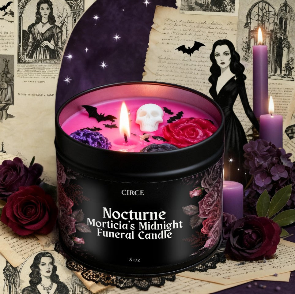 Nocturne Morticia’s Funeral Candle – Black Orchid, Spices & Dark Musk | 8 oz Coconut Soy Wax Tin