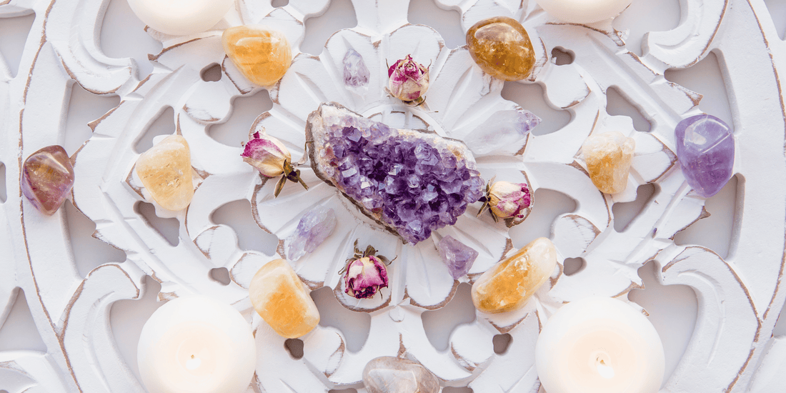 crystals lying in a plate for a ritual of spirituality