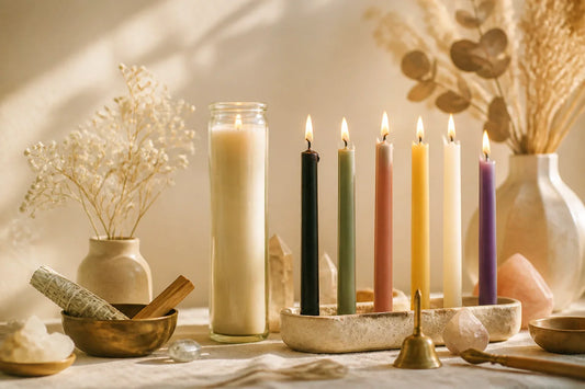A high-end, serene spiritual altar setup featuring various ritual candles in soft, golden-hour light.