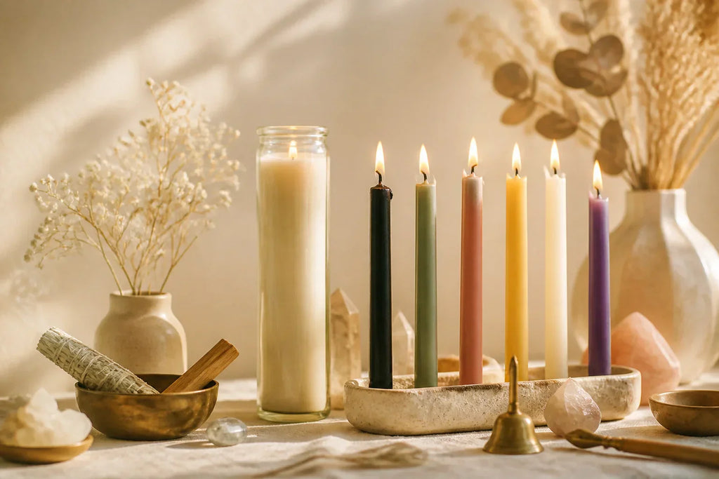 A high-end, serene spiritual altar setup featuring various ritual candles in soft, golden-hour light.