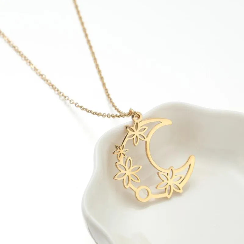 N110 -  Moon With Flowers Stainless Steel Necklace  - Jewelry  from Nihao jewelry