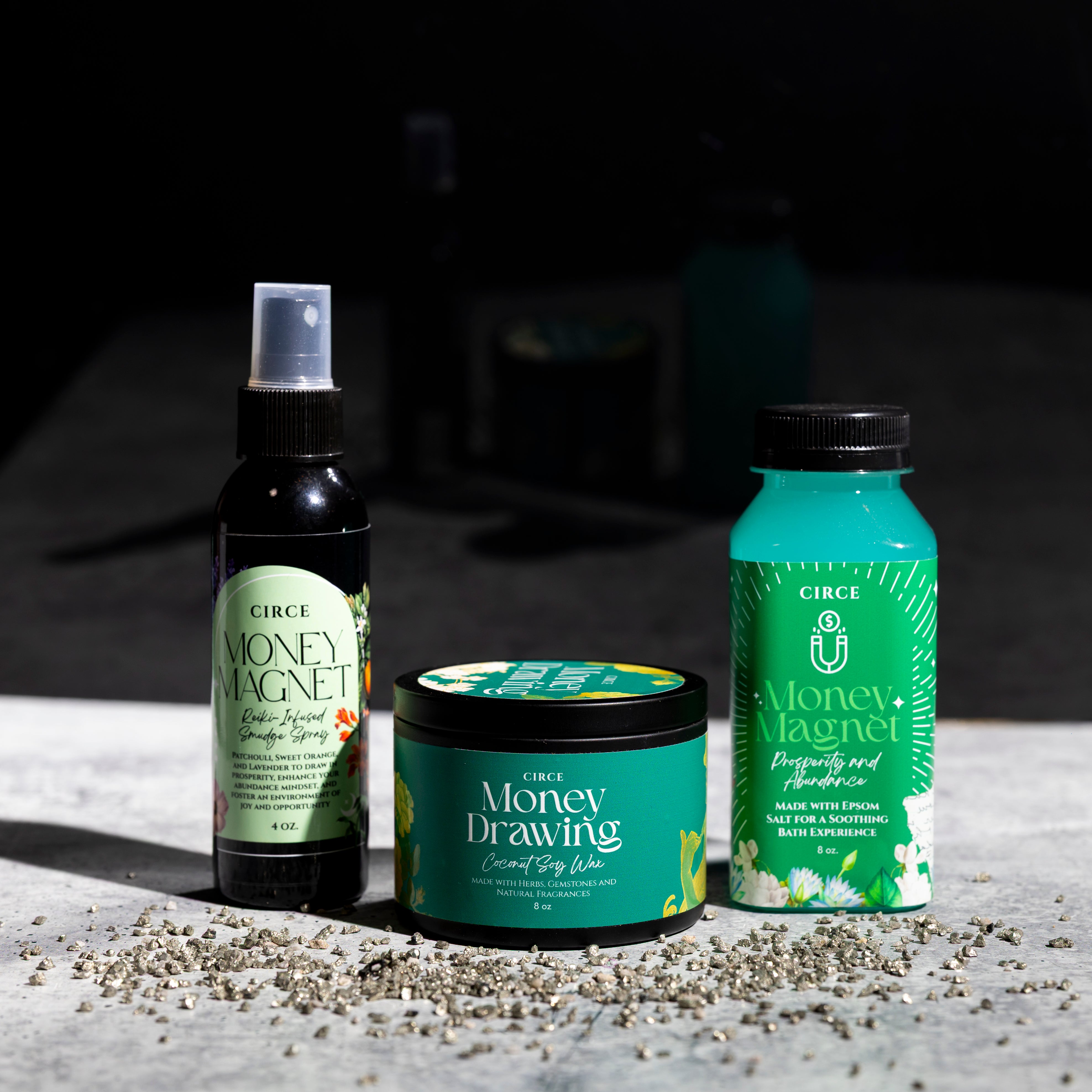 Money magnet ritual set with prosperity candle, smudge spray and bath components