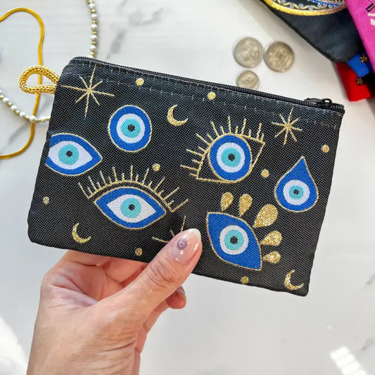 Cute Small Pouch, Fabric Coin Purse, Evil Eye Coin Purse - Black and Blue  from Umays Boho