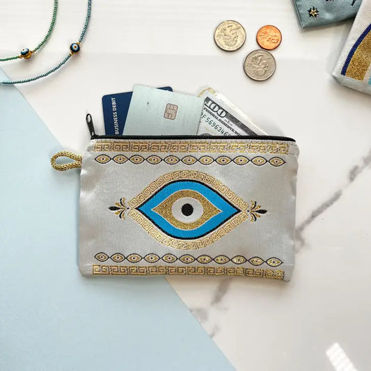 Evil Eye Coin Purse, Fabric Coin Purse, Small Zipper Pouch - Gray and gold  from Umays Boho