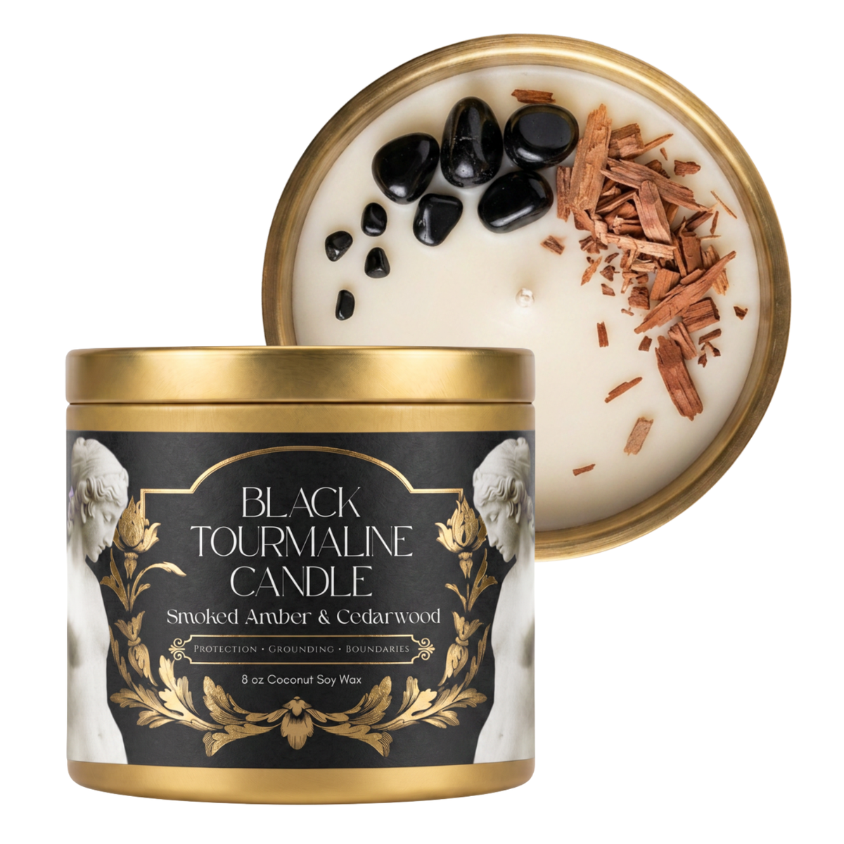Black Tourmaline Gemstone Candle – Smoked Amber & Cedarwood | 8 oz