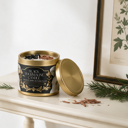 Black Tourmaline Gemstone Candle – Smoked Amber & Cedarwood | 8 oz