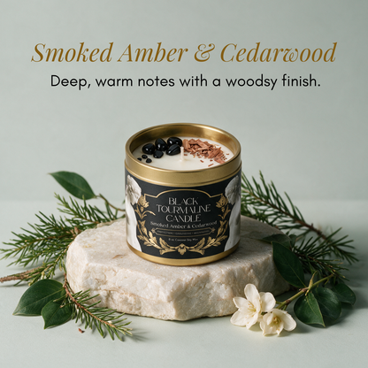 Black Tourmaline Gemstone Candle – Smoked Amber & Cedarwood | 8 oz