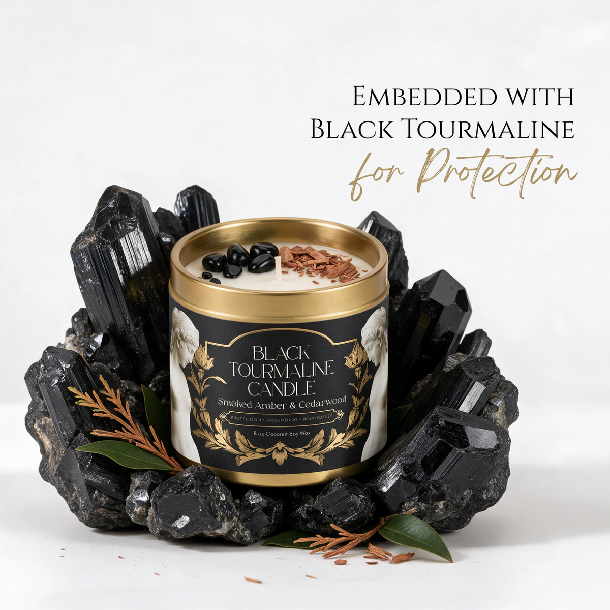 Black Tourmaline Gemstone Candle – Smoked Amber & Cedarwood | 8 oz