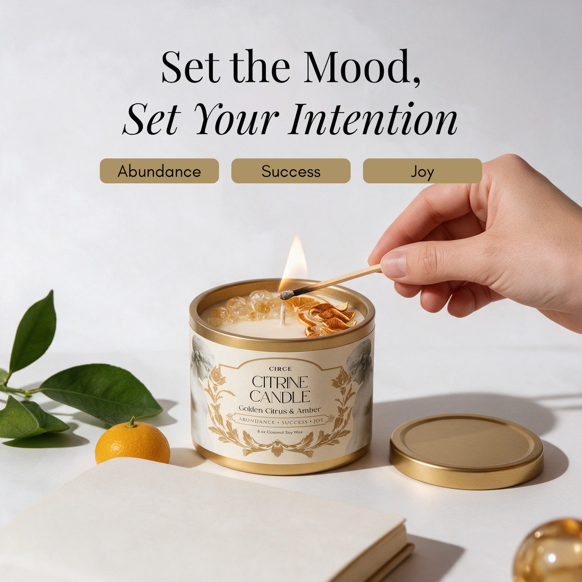 Citrine Gemstone Candle – Golden Citrus & Amber | 8 oz