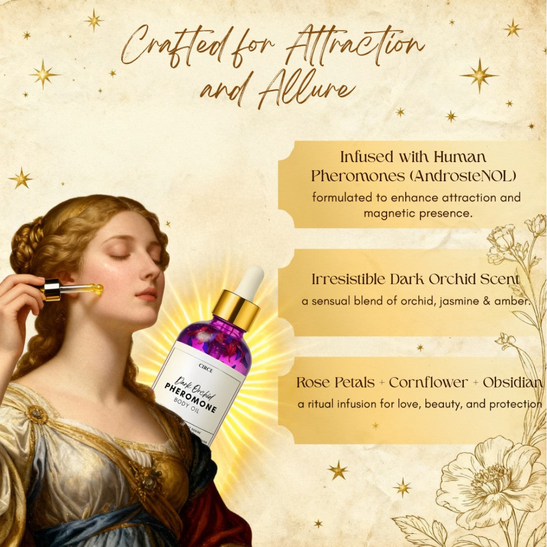 Orchid jasmine amber pheromone body oil with botanicals inside clear glass bottle