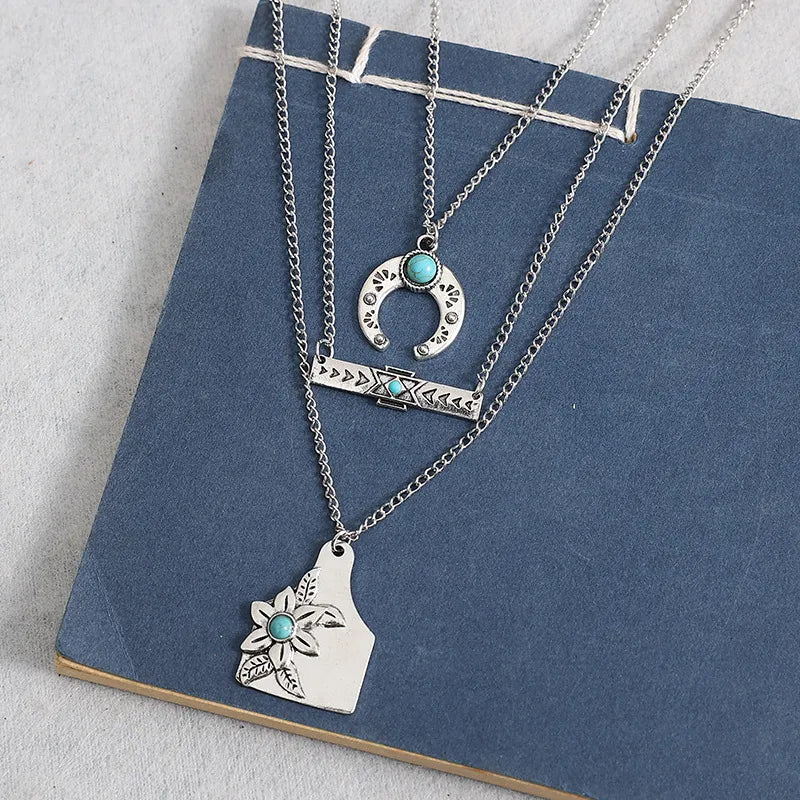 N67-Moon Flower Turquoise triple Layer Necklaces- Jewelry  from Nihao jewelry