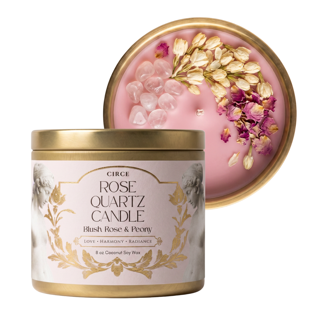 Rose Quartz Gemstone Candle – Blush Rose & Peony | 8 oz