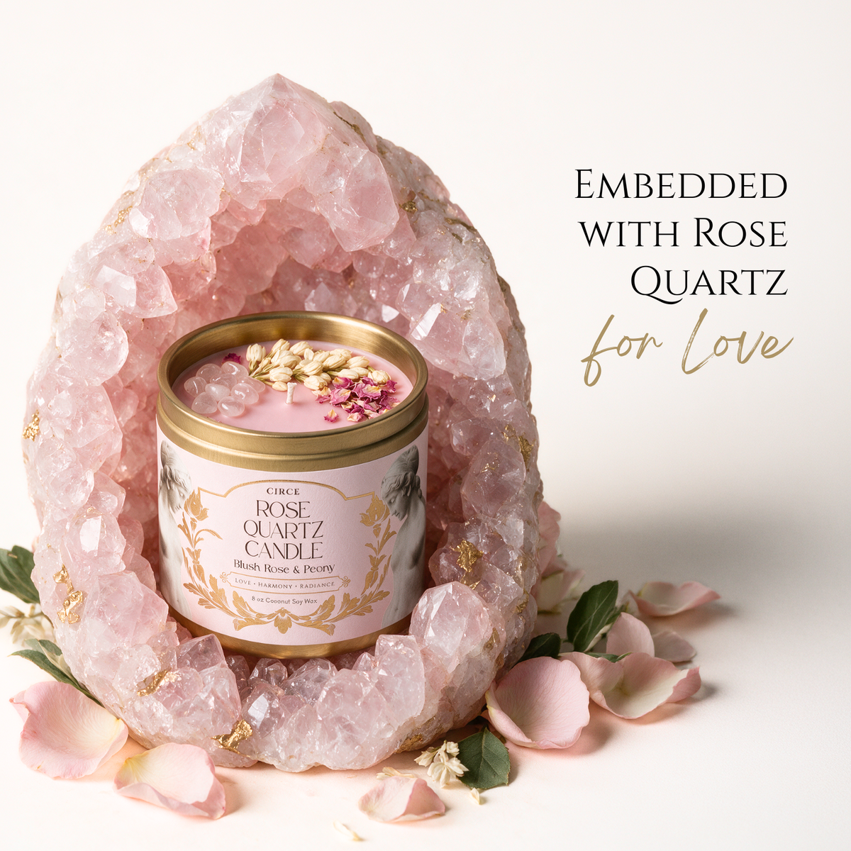 Rose Quartz Gemstone Candle – Blush Rose & Peony | 8 oz
