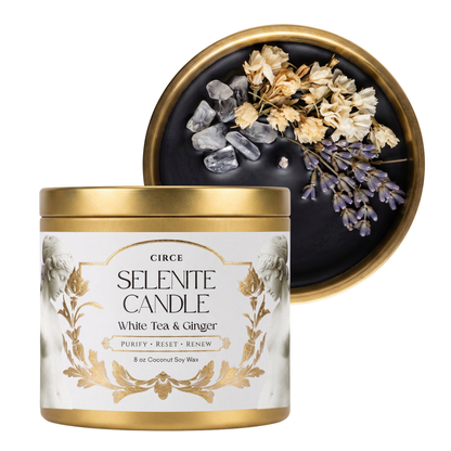 Selenite Gemstone Candle – White Tea & Ginger | 8 oz
