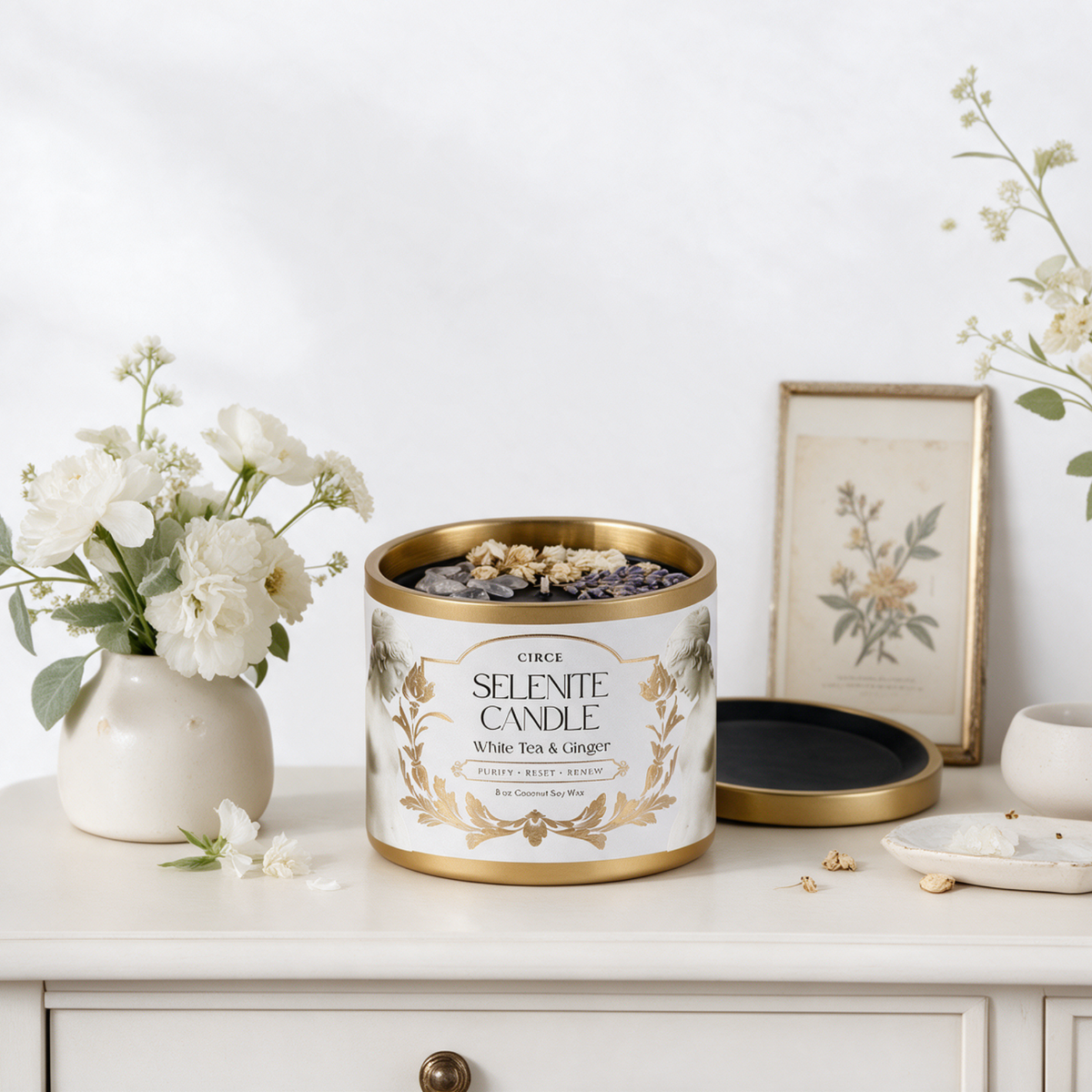 Selenite Gemstone Candle – White Tea & Ginger | 8 oz
