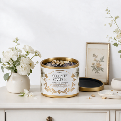 Selenite Gemstone Candle – White Tea & Ginger | 8 oz