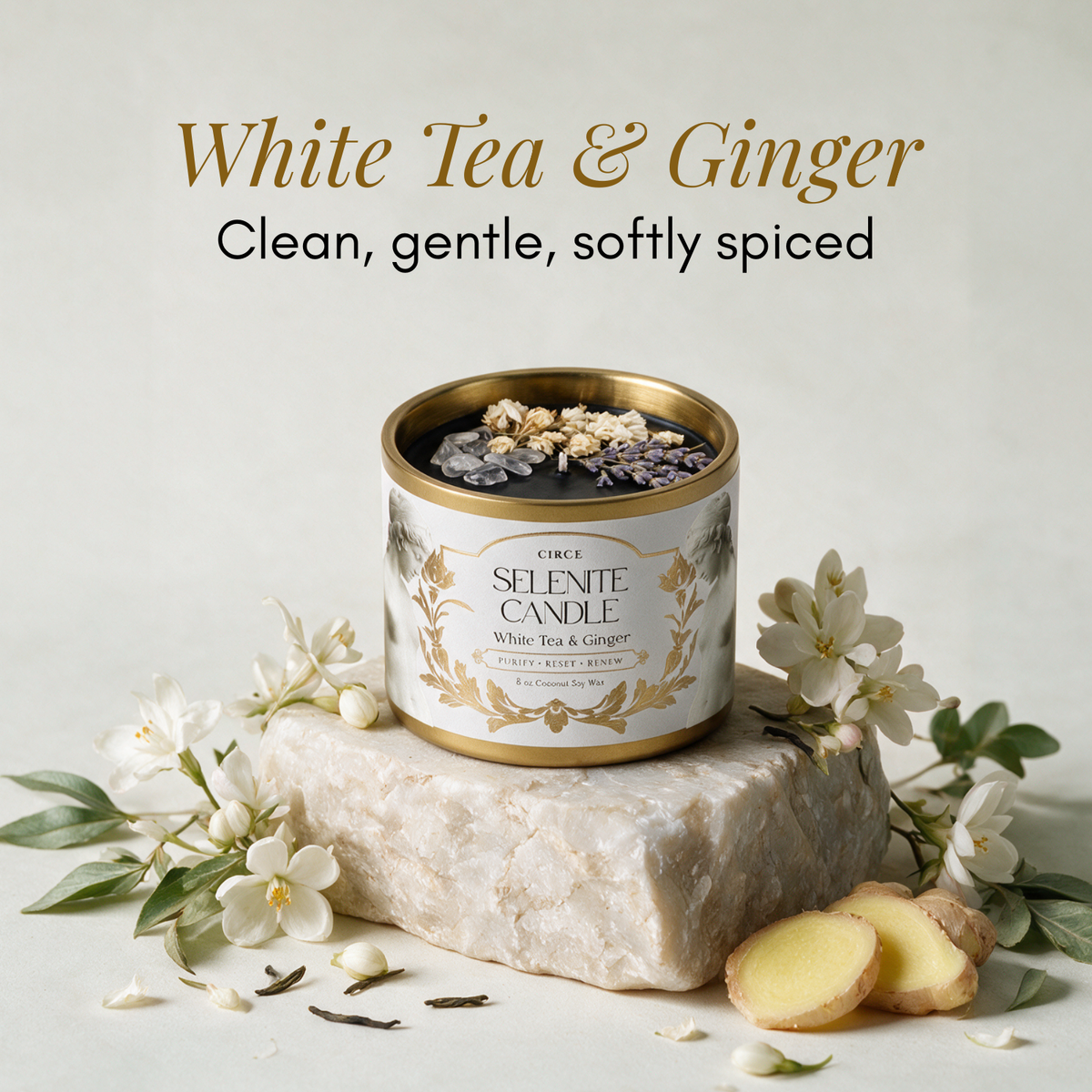 Selenite Gemstone Candle – White Tea & Ginger | 8 oz