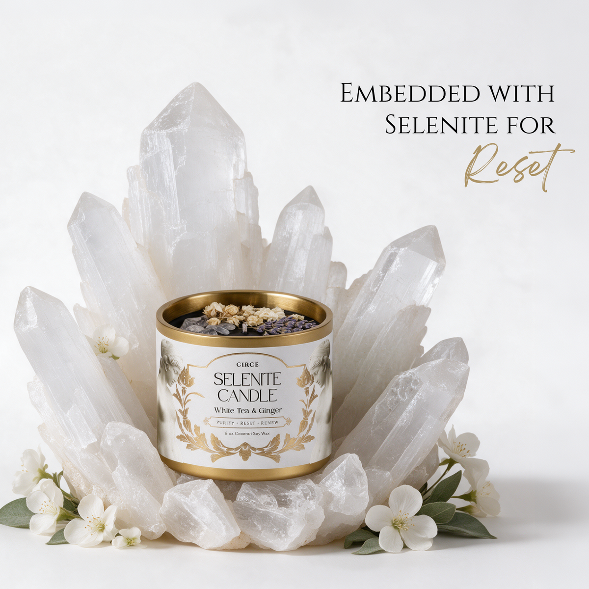 Selenite Gemstone Candle – White Tea & Ginger | 8 oz