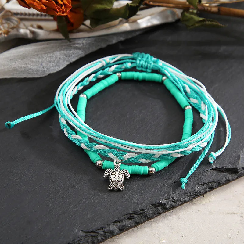 Tortoise Turquoise Braided Anklet Set - Jewelry