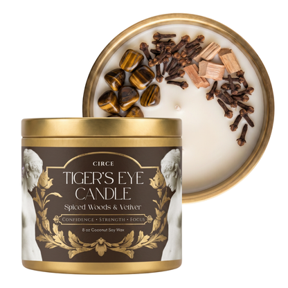 Tiger’s Eye Gemstone Candle – Spiced Woods & Vetiver | 8 oz