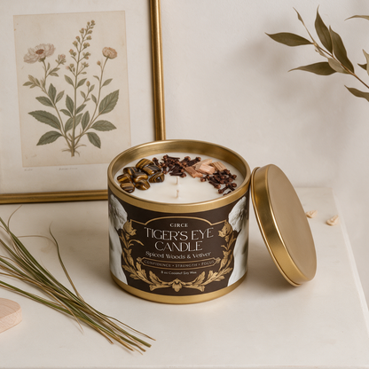 Tiger’s Eye Gemstone Candle – Spiced Woods & Vetiver | 8 oz