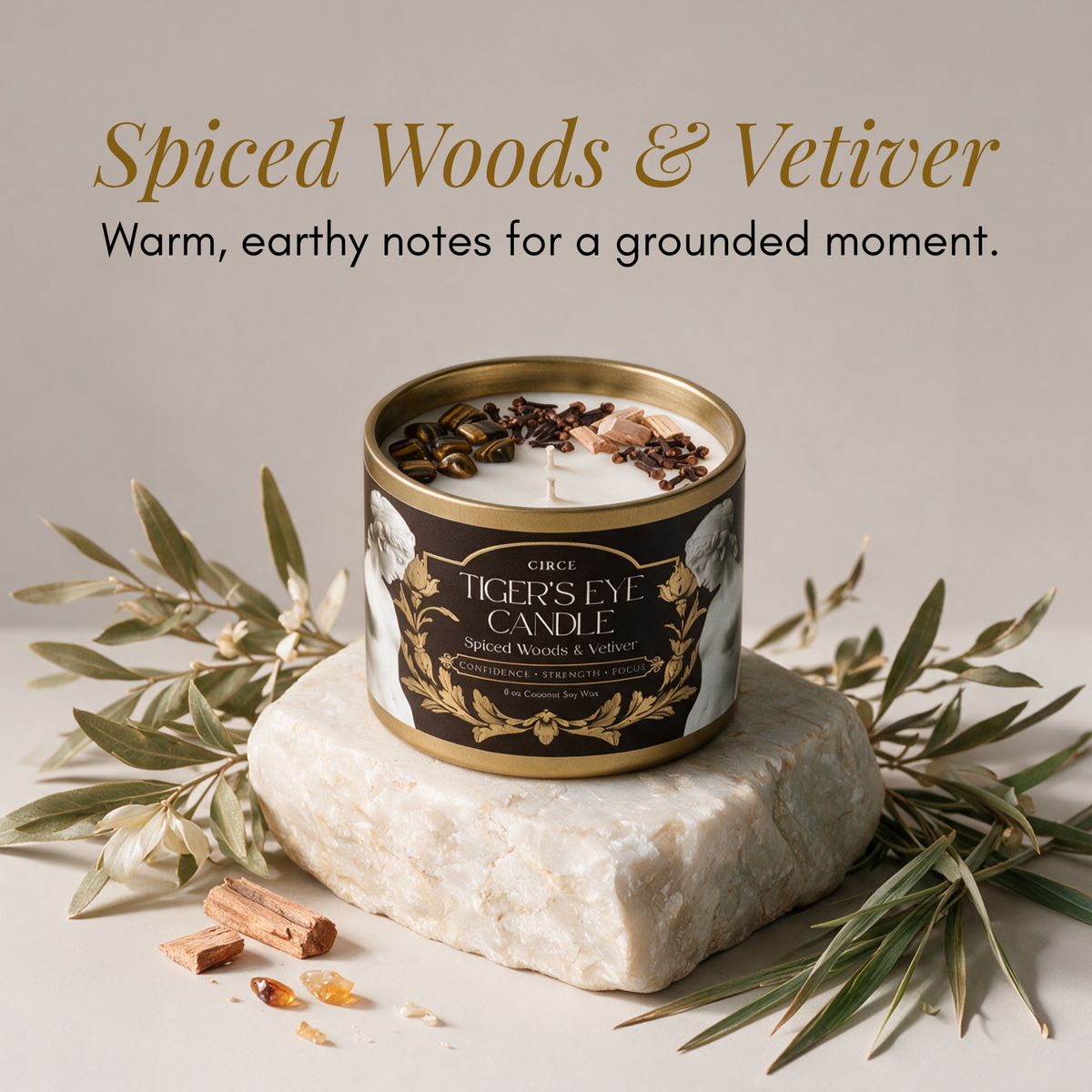 Tiger’s Eye Gemstone Candle – Spiced Woods & Vetiver | 8 oz