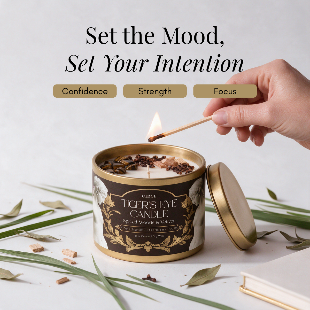 Tiger’s Eye Gemstone Candle – Spiced Woods & Vetiver | 8 oz