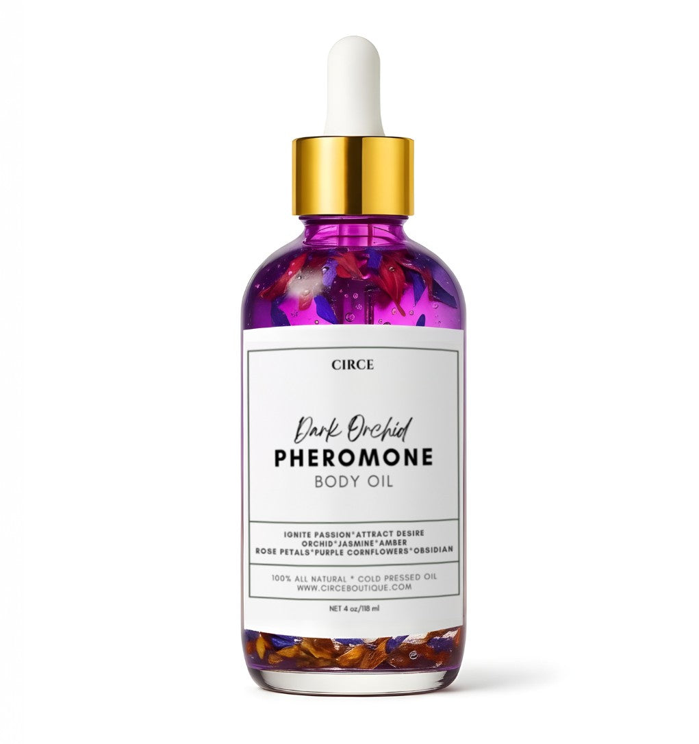 Dark Orchid Pheromone Body Oil 4oz | Orchid, Jasmine & Amber Scent w/ Rose Petals, Blue Cornflower & Black Obsidian