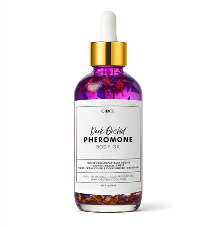 Dark Orchid Pheromone Body Oil 4oz | Orchid, Jasmine & Amber Scent w/ Rose Petals, Blue Cornflower & Black Obsidian