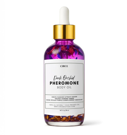 Dark Orchid Pheromone Body Oil 4oz | Orchid, Jasmine & Amber Scent w/ Rose Petals, Blue Cornflower & Black Obsidian