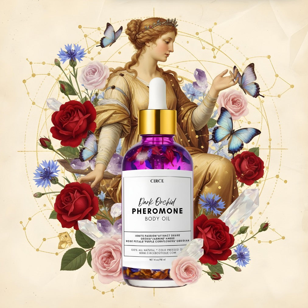 Dark Orchid Pheromone Body Oil 4oz | Orchid, Jasmine & Amber Scent w/ Rose Petals, Blue Cornflower & Black Obsidian