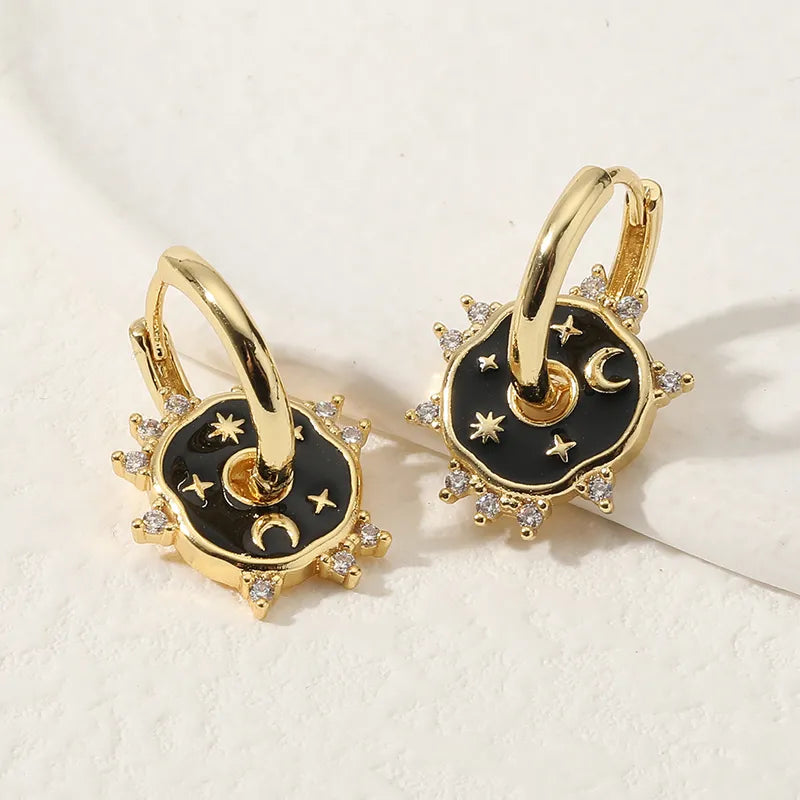 E150 - Gold & Black Enamel Mini Hoop Earrings With Stars - Jewelry  from CirceBoutique