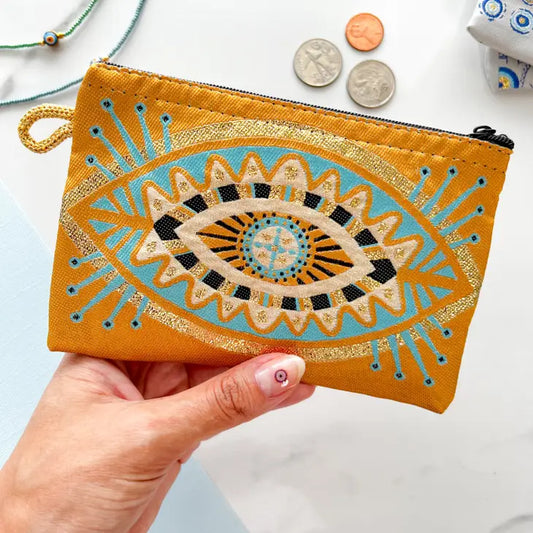 Evil Eye Pouch, Boho Coin Purse, Handmade Coin Purse- Yellow and blue  from Umays Boho