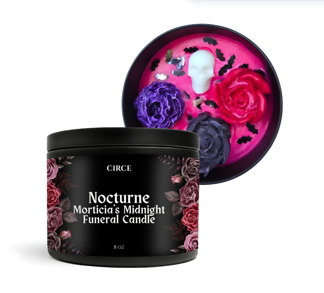 Nocturne Morticia’s Funeral Candle – Black Orchid, Spices & Dark Musk | 8 oz Coconut Soy Wax Tin