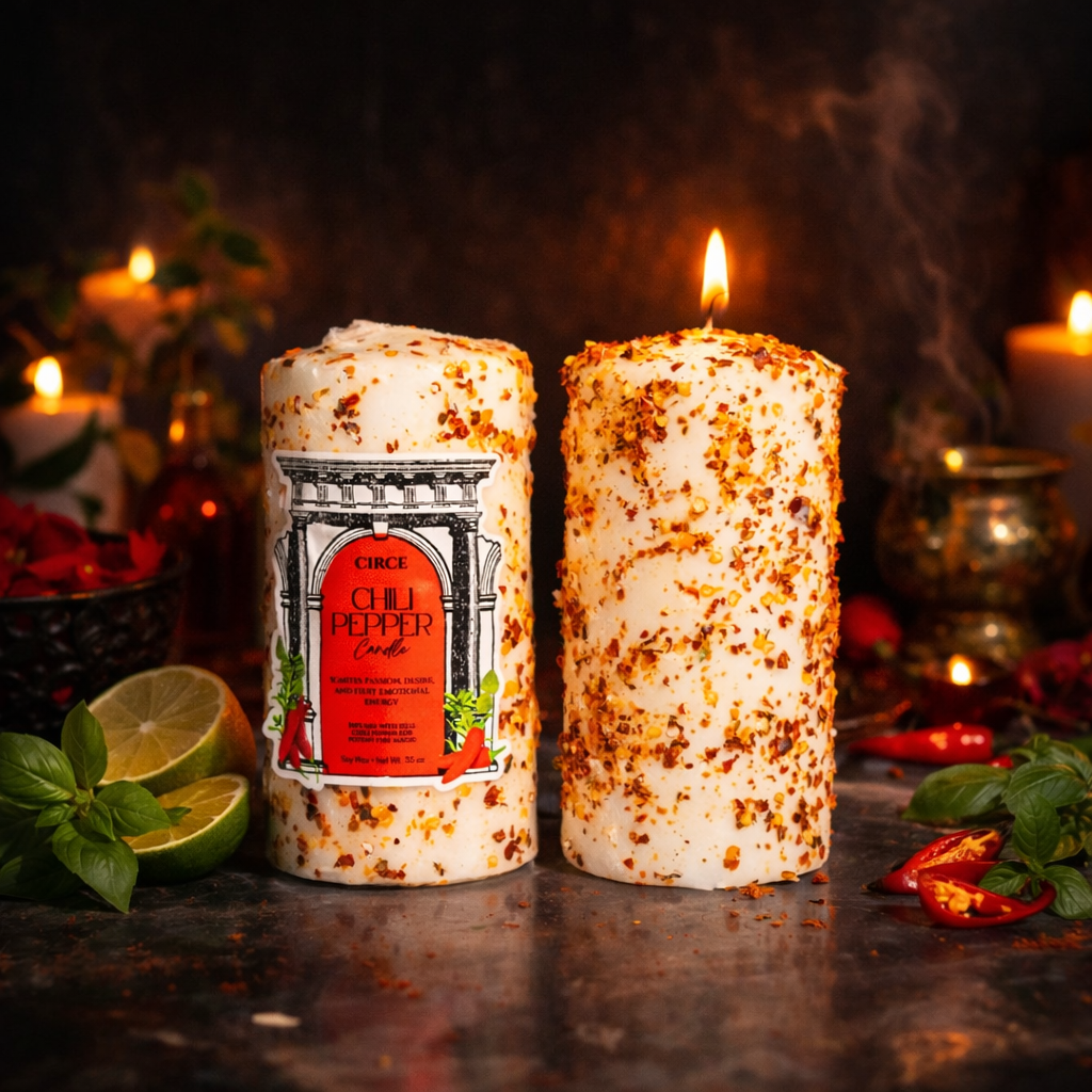 Passion and Desire chili pepper pillar candle, vibrant label with chili or citrus accents, for bold love or courage rituals